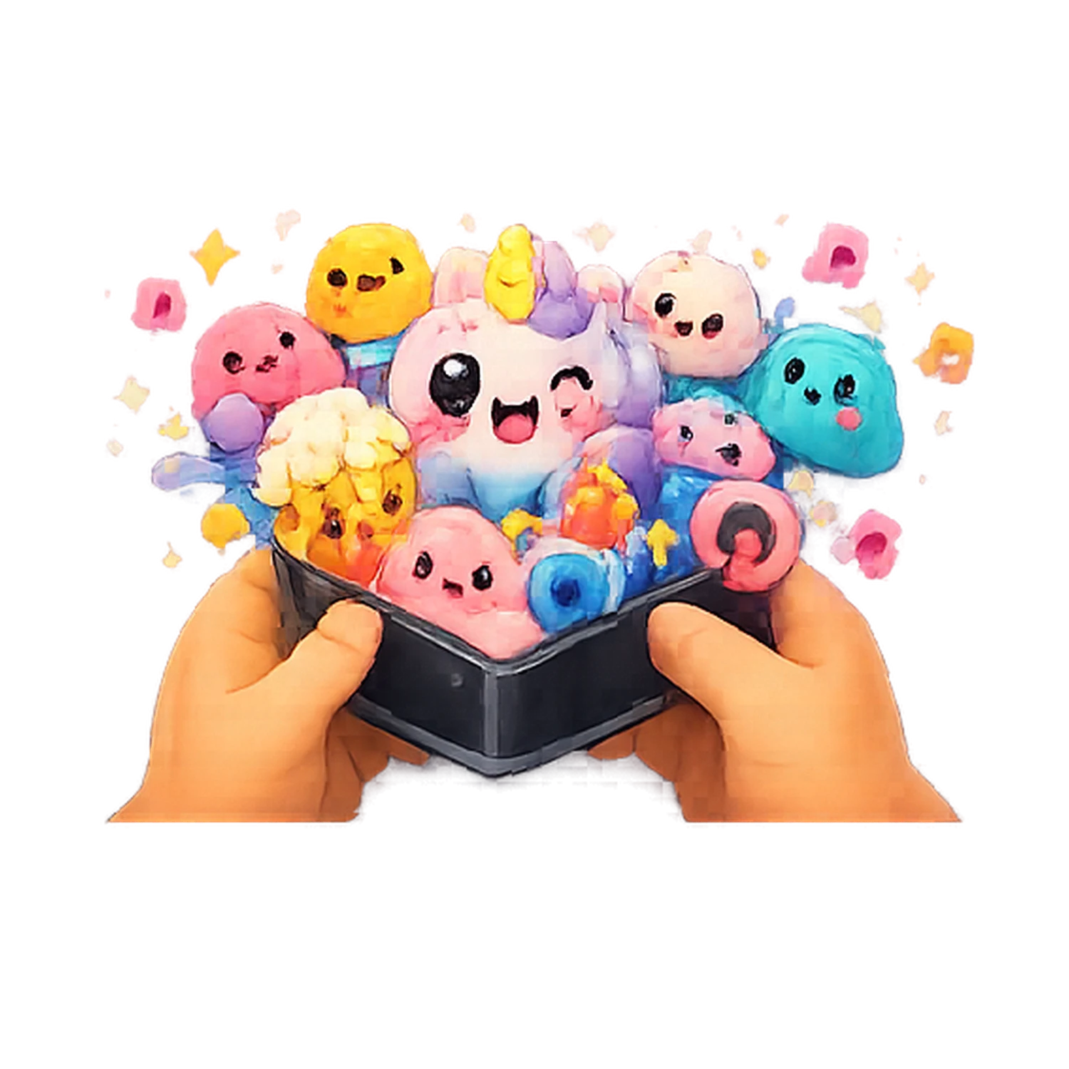 Stylized hands holding a phone while cheerful Squishito characters spill into the air