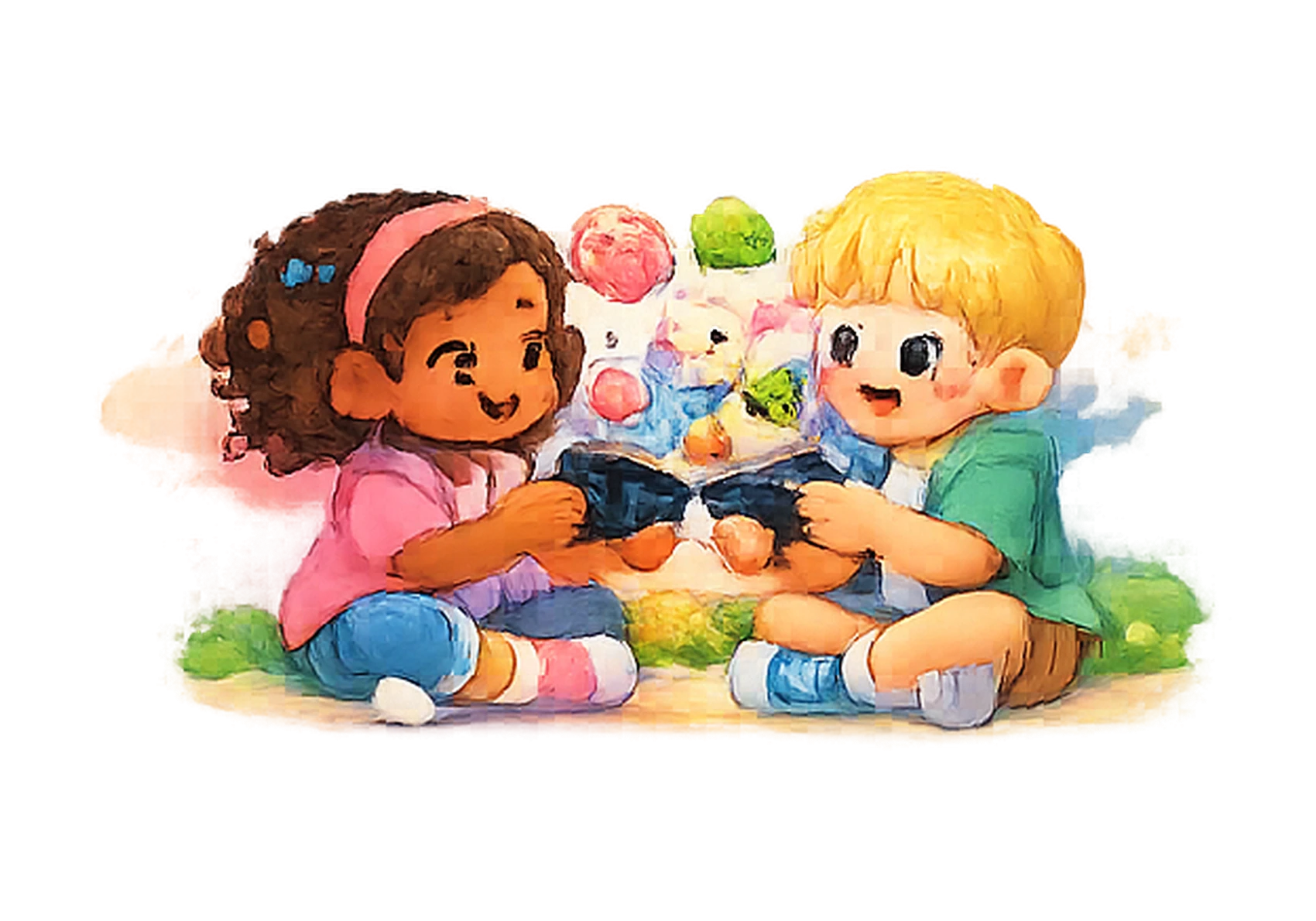 Two stylized children sitting together and trading Squishito characters on nearby phones