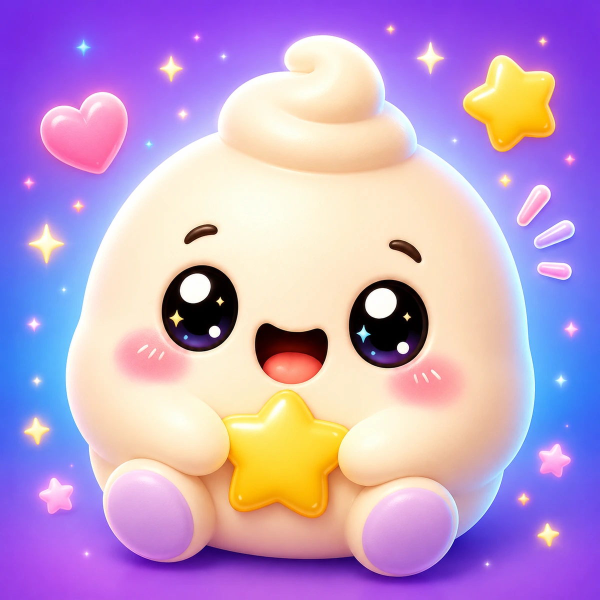 Cream Squishito mascot hugging a gold star